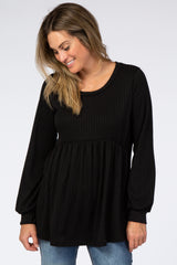 Black Textured Knit Babydoll Long Sleeve Maternity Top