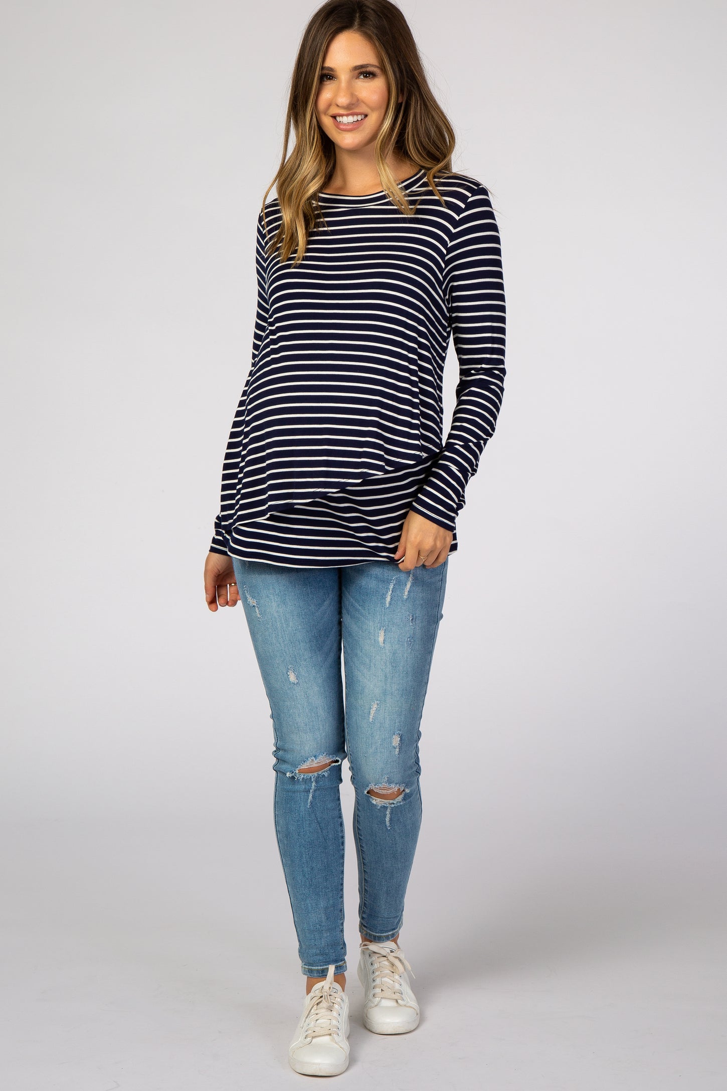 Navy Blue Striped Layered Front Long Sleeve Maternity/Nursing Top ...