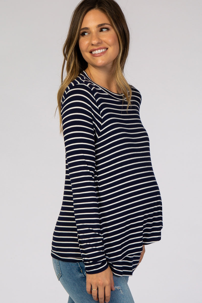 Navy Blue Striped Layered Front Long Sleeve Maternity/Nursing Top ...