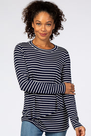 Navy Blue Striped Layered Front Long Sleeve Nursing Top