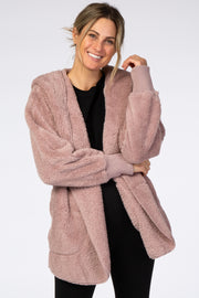 Mauve Fuzzy Hooded Long Sleeve Jacket