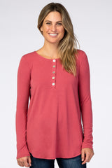 Pink Button Accent Long Sleeve Maternity Top