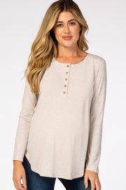 Beige Front Button Long Sleeve Maternity Top