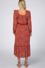 Rust Floral Square Neck Ruffle Long Sleeve Maternity Midi Dress