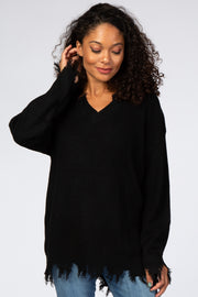 Black Fringe Hem V-Neck Sweater