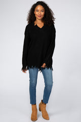 Black Fringe Hem V-Neck Sweater