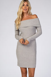 Heather Grey Soft Ribbed Folded Neck Off Shoulder Dress