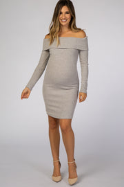 Heather Grey Soft Ribbed Folded Neck Off Shoulder Maternity Dress