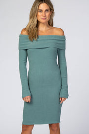 Teal Soft Ribbed Folded Neck Off Shoulder Dress