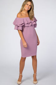 Violet Layered Ruffle Off Shoulder Fitted Dress