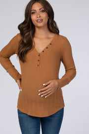 Camel Button V-Neck Long Sleeve Maternity Top