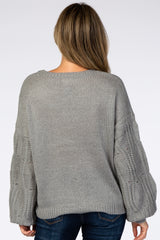 Heather Grey Cable Knit Puff Sleeve Sweater