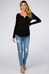 Black Ribbed Button Front Maternity Top