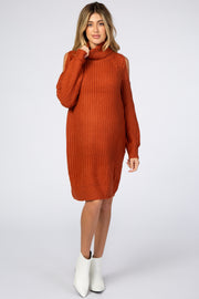 Rust Cold Shoulder Turtleneck Maternity Sweater Dress