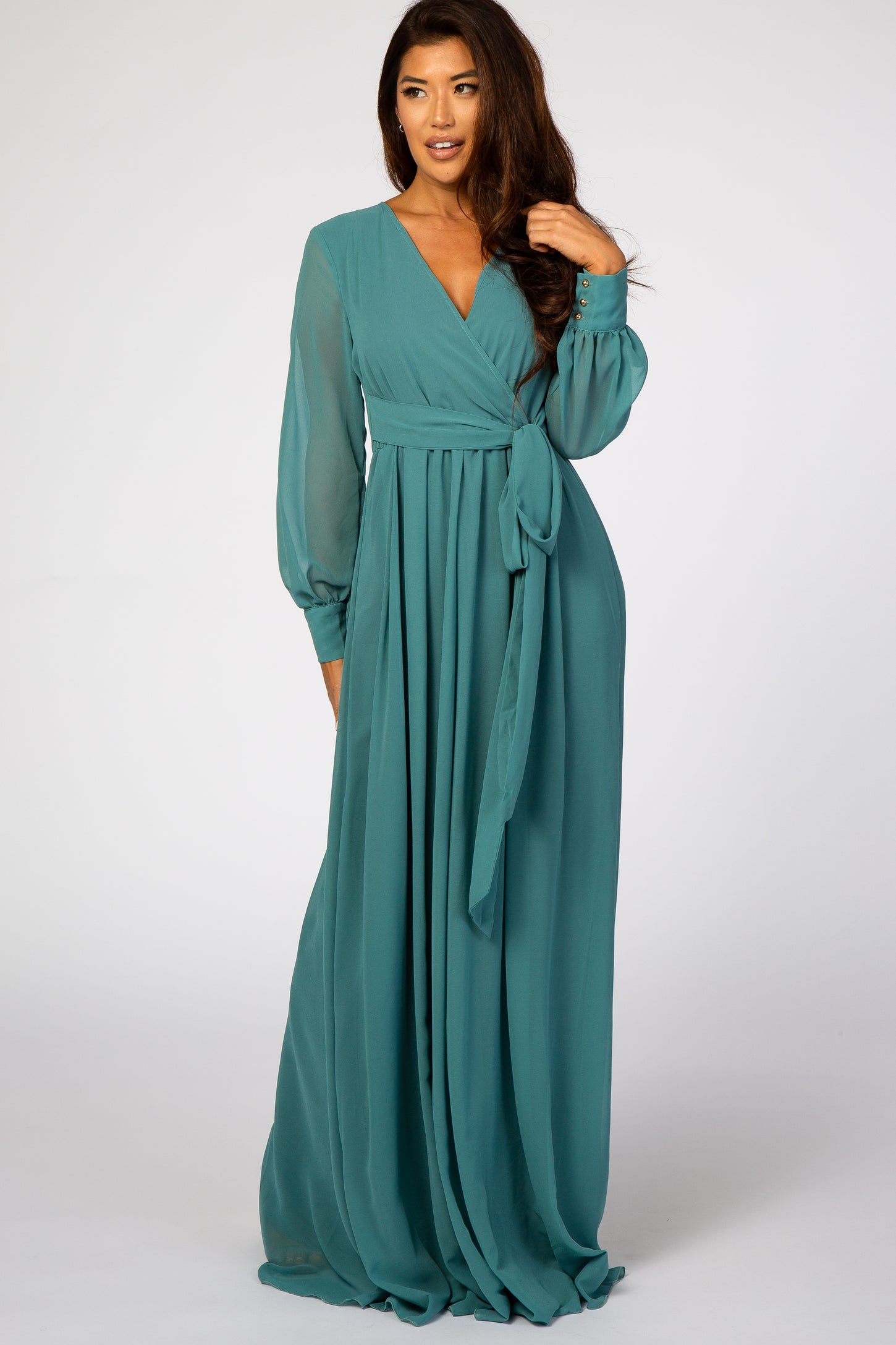 Jade Chiffon Long Sleeve Maternity Maxi Dress– PinkBlush