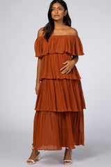 Rust Taupe Ruffle Tiered Off Shoulder Chiffon Maternity Midi Dress