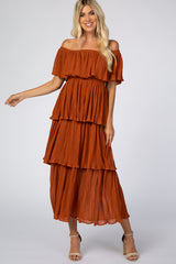 Rust Taupe Ruffle Tiered Off Shoulder Chiffon Maternity Midi Dress