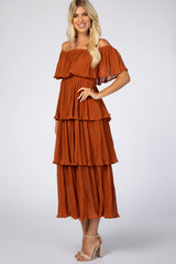 Rust Ruffle Tiered Off Shoulder Chiffon Midi Dress