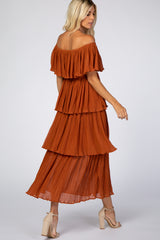 Rust Ruffle Tiered Off Shoulder Chiffon Midi Dress