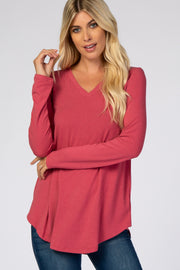 Magenta Solid V-Neck Long Sleeve Top