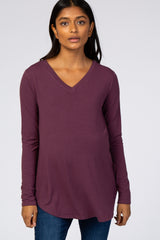 Purple Solid V-Neck Long Sleeve Maternity Top