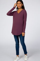 Purple Solid V-Neck Long Sleeve Maternity Top