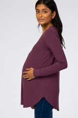 Purple Solid V-Neck Long Sleeve Maternity Top