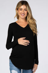 Black Solid V-Neck Long Sleeve Maternity To