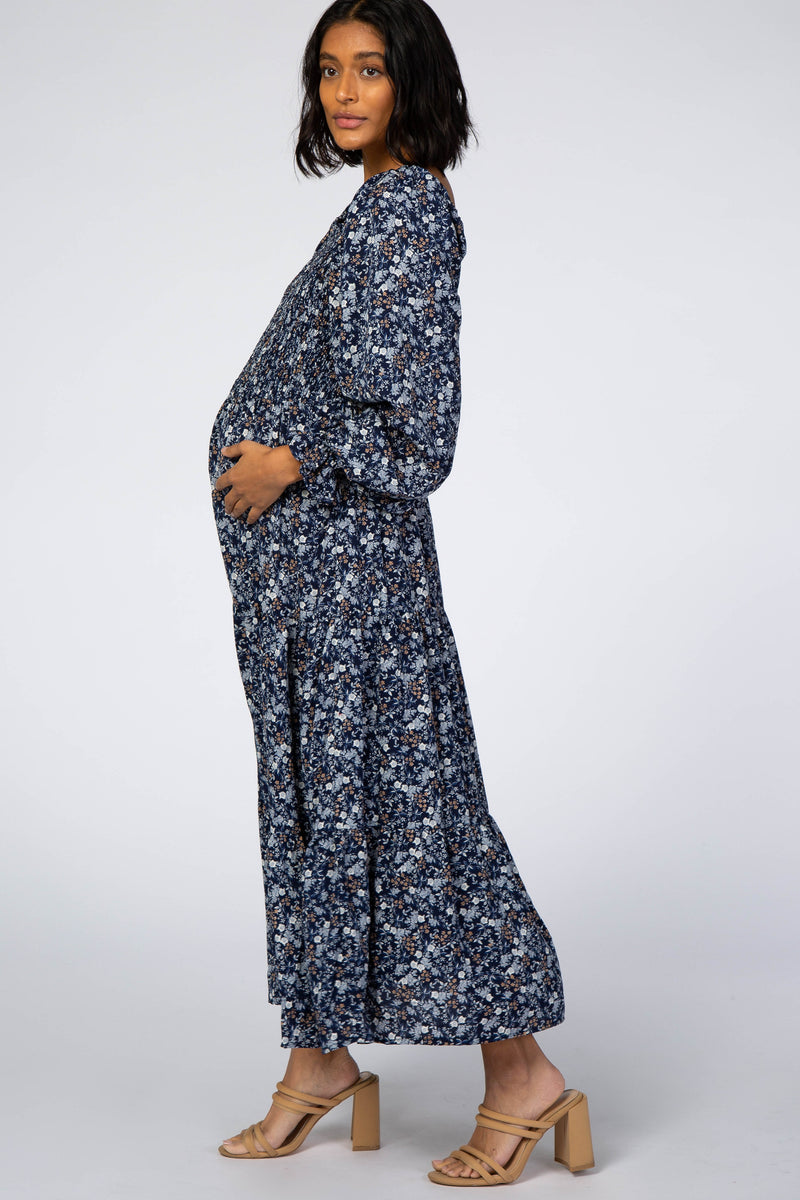 Navy Blue Floral Square Neck Smocked Maternity Maxi Dress– PinkBlush