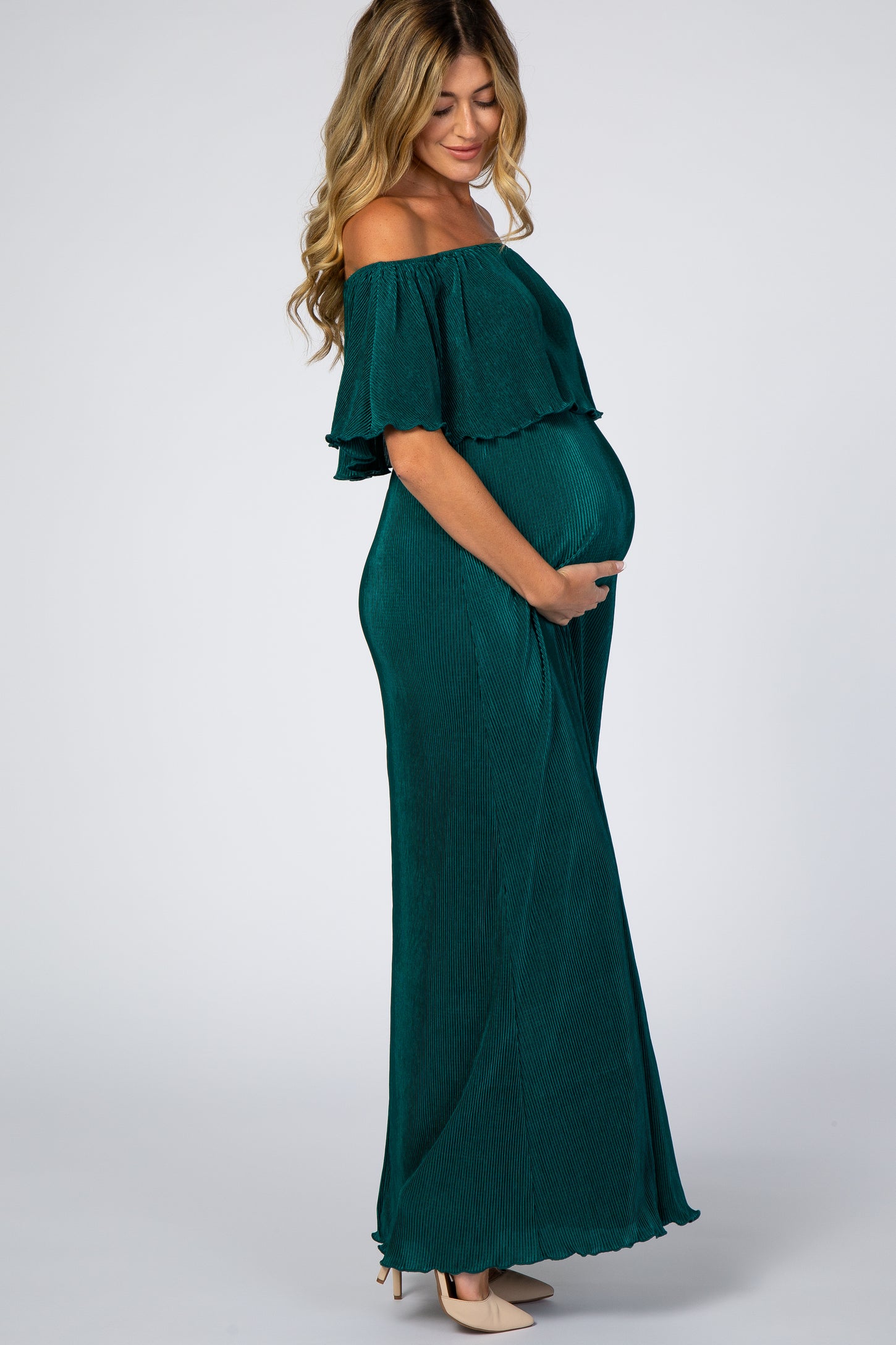 Forest Green Pleated Ruffle Off Shoulder Maternity Maxi Dress – PinkBlush