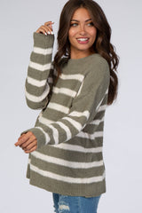 Olive Striped Fuzzy Knit Maternity Sweater