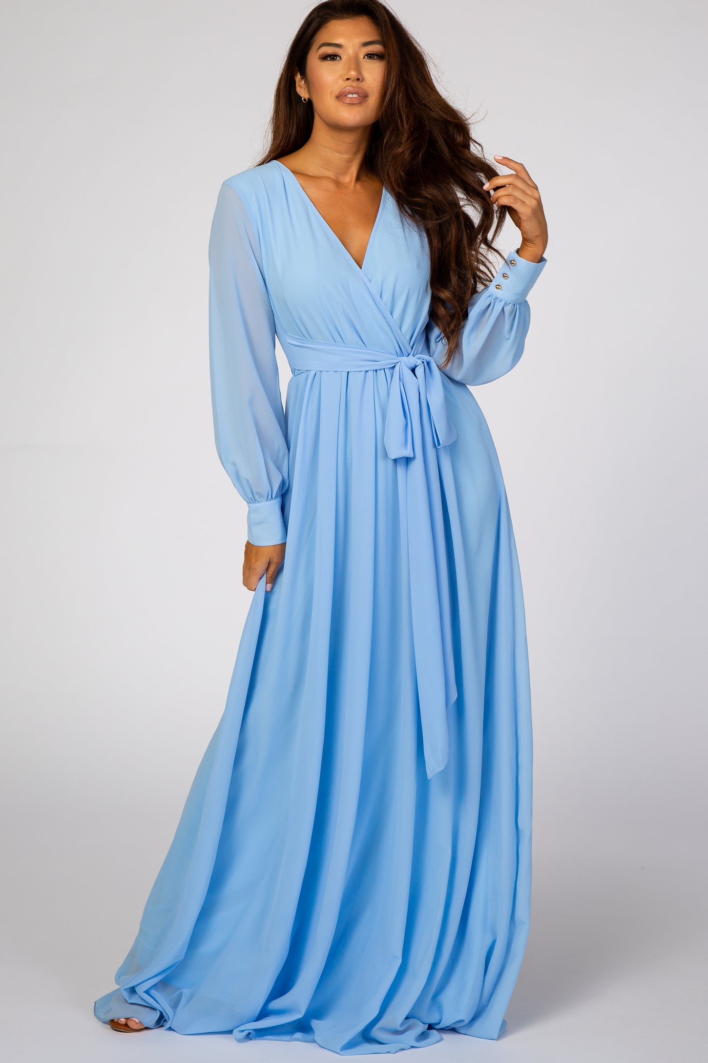 Light Blue Chiffon Long Sleeve Maxi Dress– PinkBlush