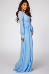 Light Blue Chiffon Long Sleeve Maxi Dress