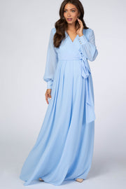 Light Blue Chiffon Long Sleeve Maternity Maxi Dress