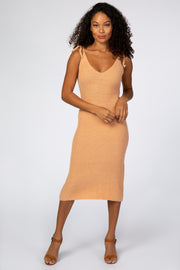 Light Pink Fuzzy Knit Shoulder Tie Midi Dress