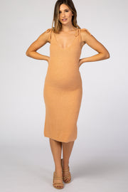 Light Pink Fuzzy Knit Shoulder Tie Maternity Midi Dress