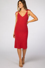 Red Fuzzy Knit Shoulder Tie Maternity Midi Dress