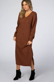 Brown V-Neck Ribbed Sweater Dress