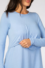 Light Blue Front Knot Long Sleeve Nursing Top