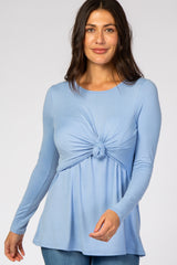 Light Blue Front Knot Long Sleeve Nursing Top