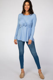 Light Blue Front Knot Long Sleeve Nursing Top