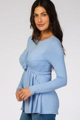 Light Blue Front Knot Long Sleeve Nursing Top