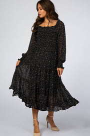 Black Floral Smocked Front Ruffle Hem Maternity Midi Dress