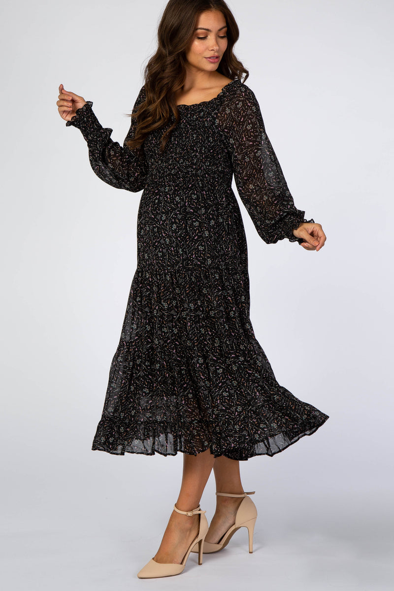 Black Floral Smocked Front Ruffle Hem Maternity Midi Dress – PinkBlush