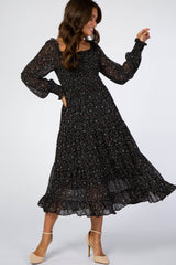 Black Floral Smocked Front Ruffle Hem Maternity Midi Dress