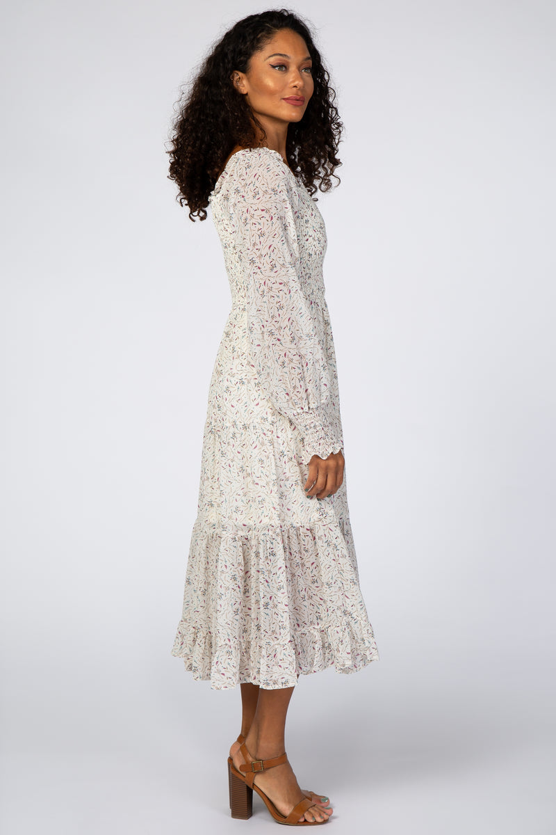 Ivory Floral Smocked Front Ruffle Hem Midi Dress– PinkBlush