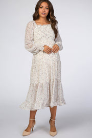 Ivory Floral Smocked Front Ruffle Hem Maternity Midi Dress