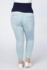 Light Blue Ripped Knee Distressed Hem Maternity Plus Jeans