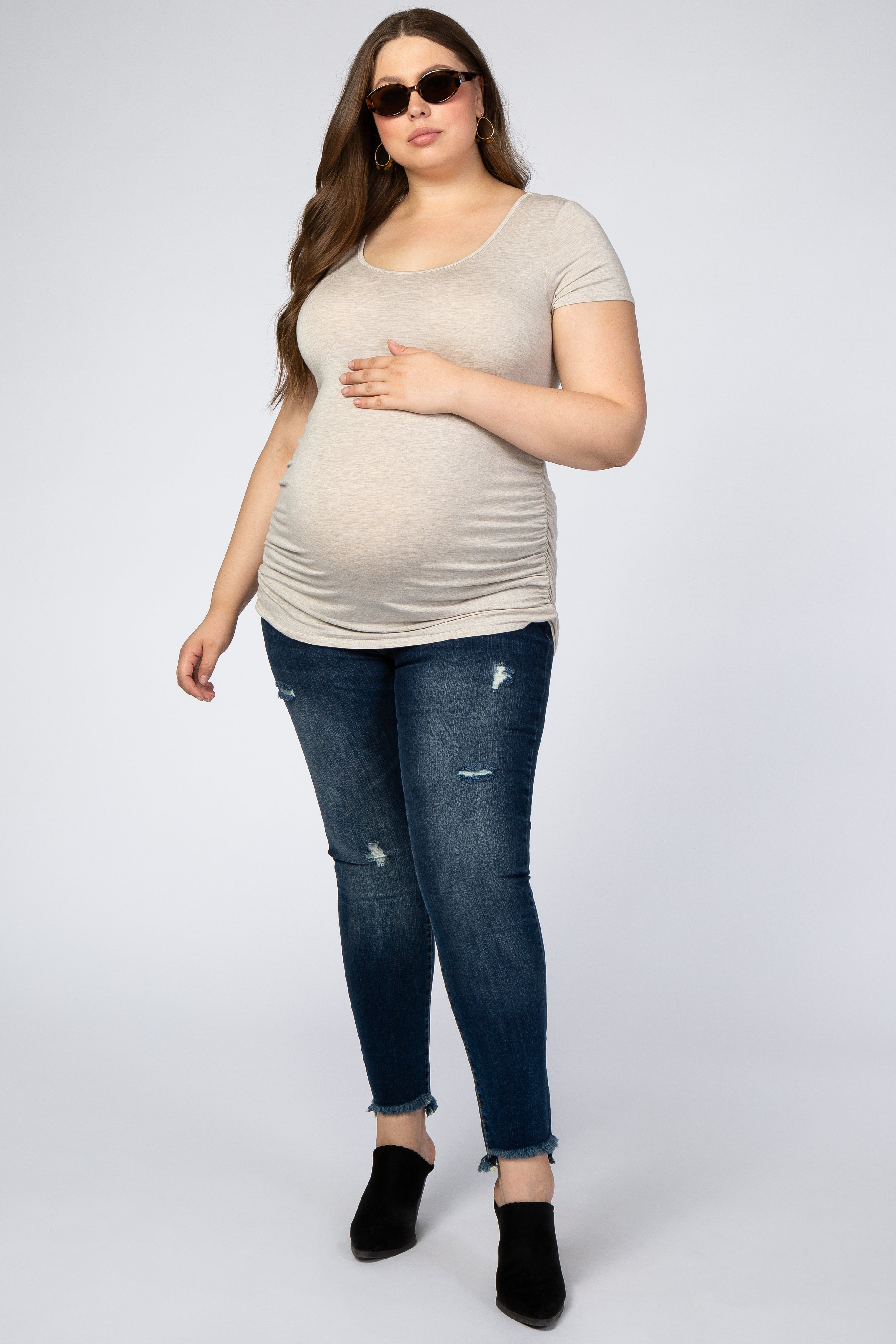 Navy Blue Fray Hem Skinny Maternity Plus Jeans– PinkBlush