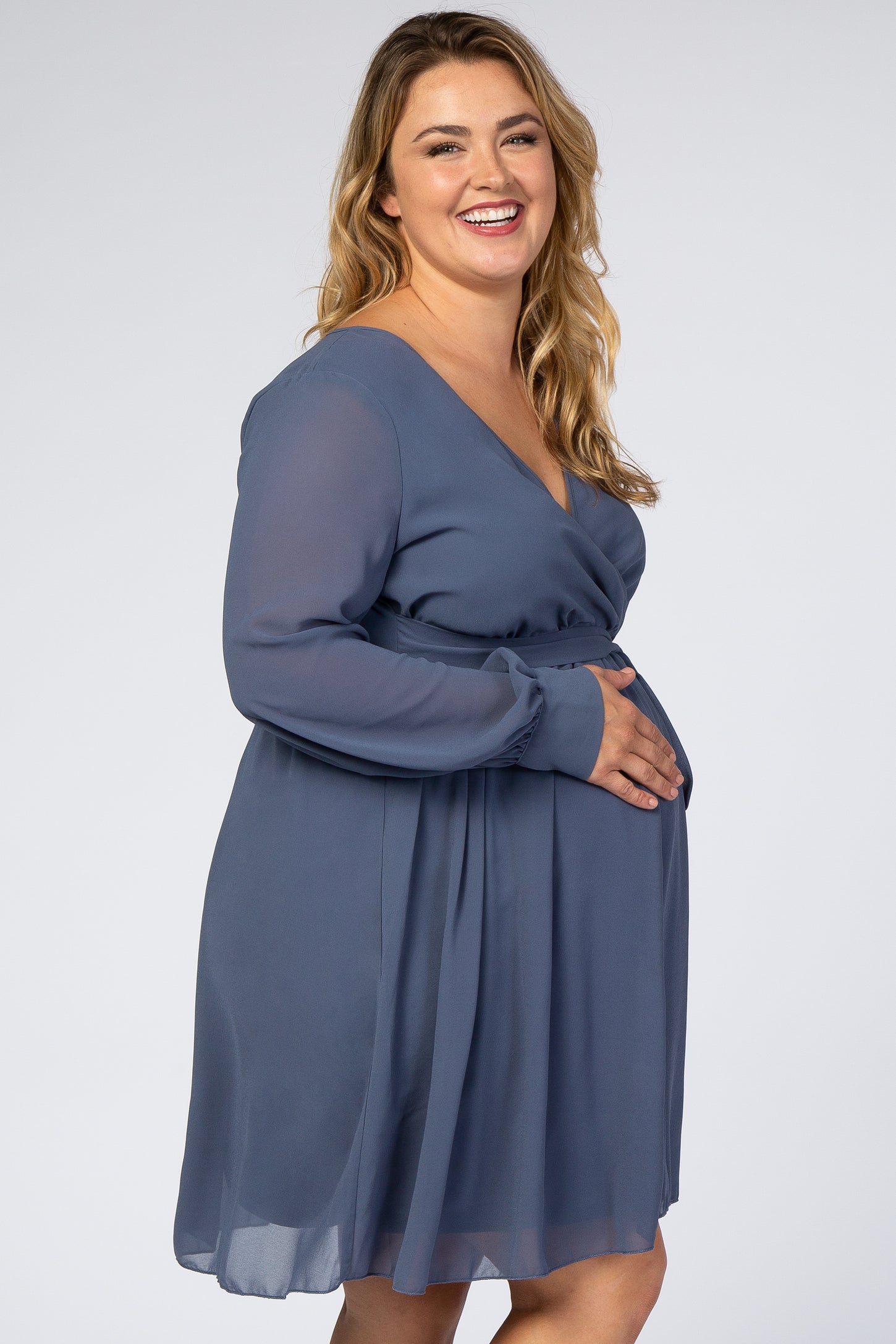 Dusty Blue Chiffon Plus Maternity Wrap Dress– PinkBlush
